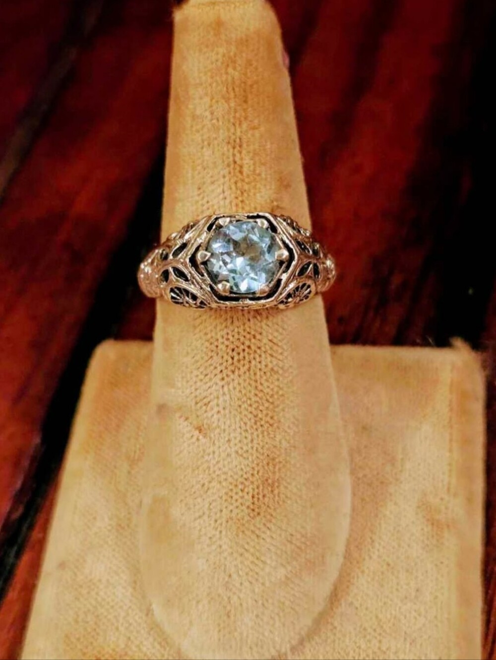 Antique Reproduction Aquamarine Filigree Ring - Sterling Silver Size 7